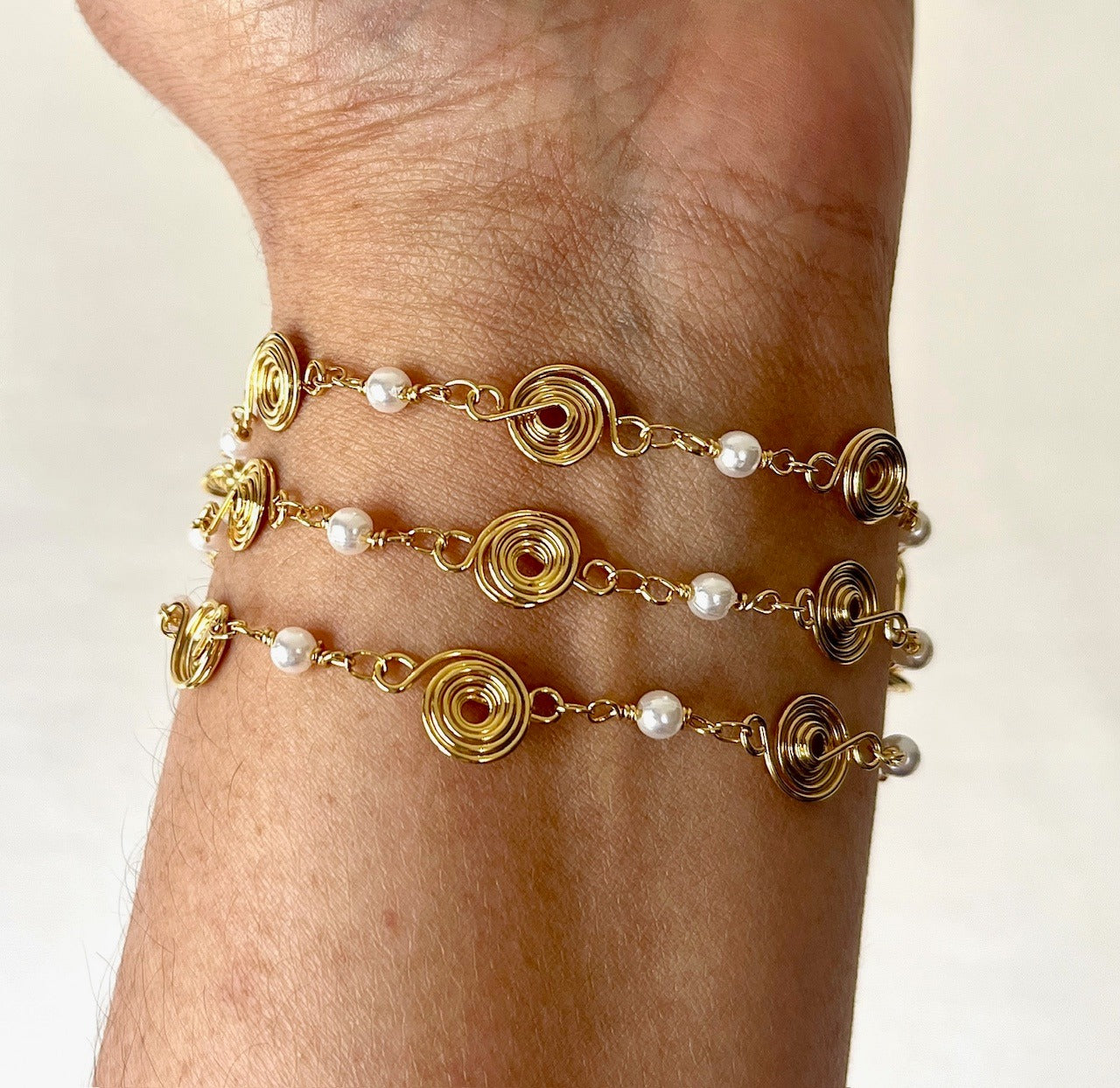 Jewel Treatzz Adorable Everyday Wear 3 Line Gold Plated Pearl Long Chain Fashion Bracelet