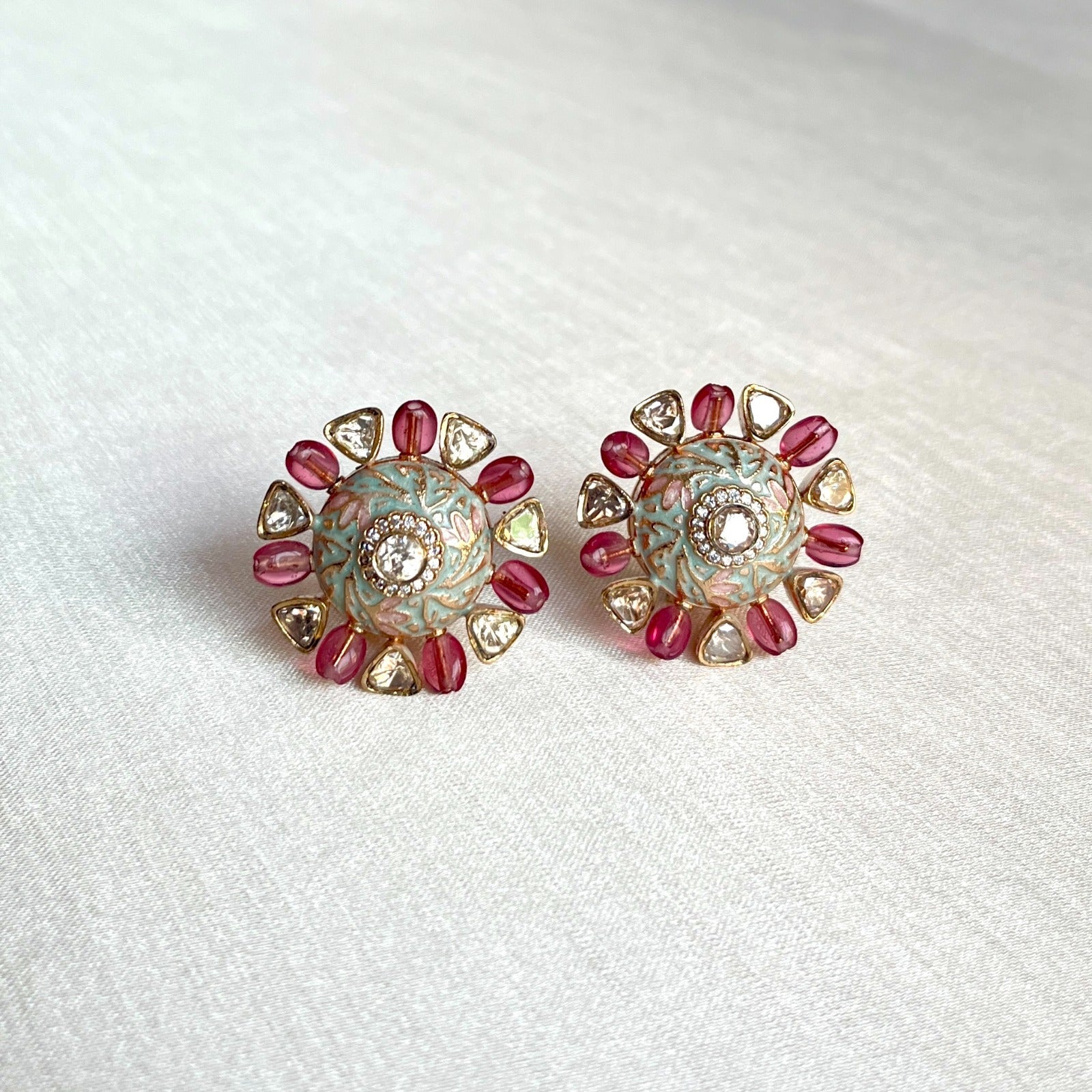 Jewel Treatzz Floral Hand Enamel with Uncut Polki Kundan, Rose Oval Quartz Gold Plated Top Earrings