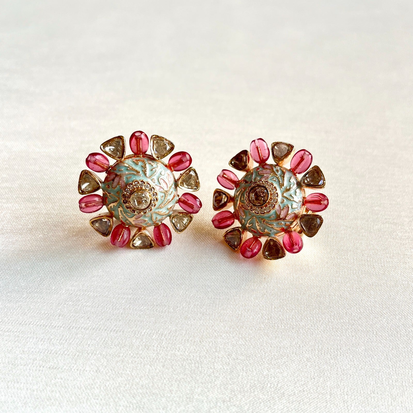 Jewel Treatzz Floral Hand Enamel with Uncut Polki Kundan, Rose Oval Quartz Gold Plated Top Earrings