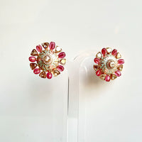 Jewel Treatzz Floral Hand Enamel with Uncut Polki Kundan, Rose Oval Quartz Gold Plated Top Earrings