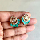 Jewel Treatzz Floral Stud Earrings Gold Plated With Blue Tuquoise , Triangluar Shaped Uncut Polki Kundan Stone Bordered With CZ Stone  
