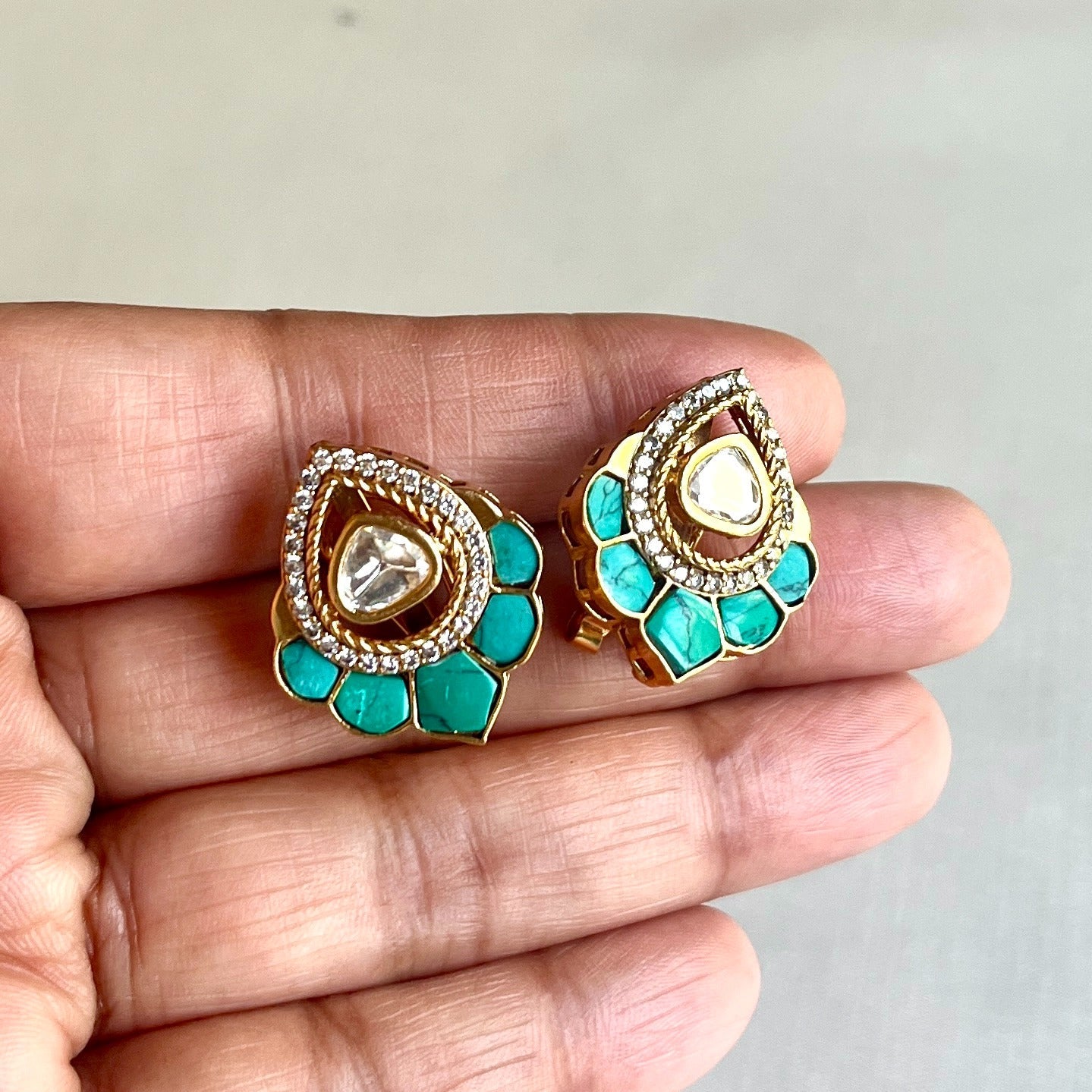 Jewel Treatzz Floral Stud Earrings Gold Plated With Blue Tuquoise , Triangluar Shaped Uncut Polki Kundan Stone Bordered With CZ Stone