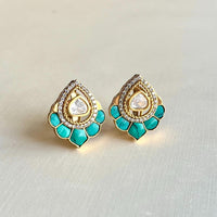 Jewel Treatzz Floral Stud Earrings Gold Plated With Blue Tuquoise , Triangluar Shaped Uncut Polki Kundan Stone Bordered With CZ Stone