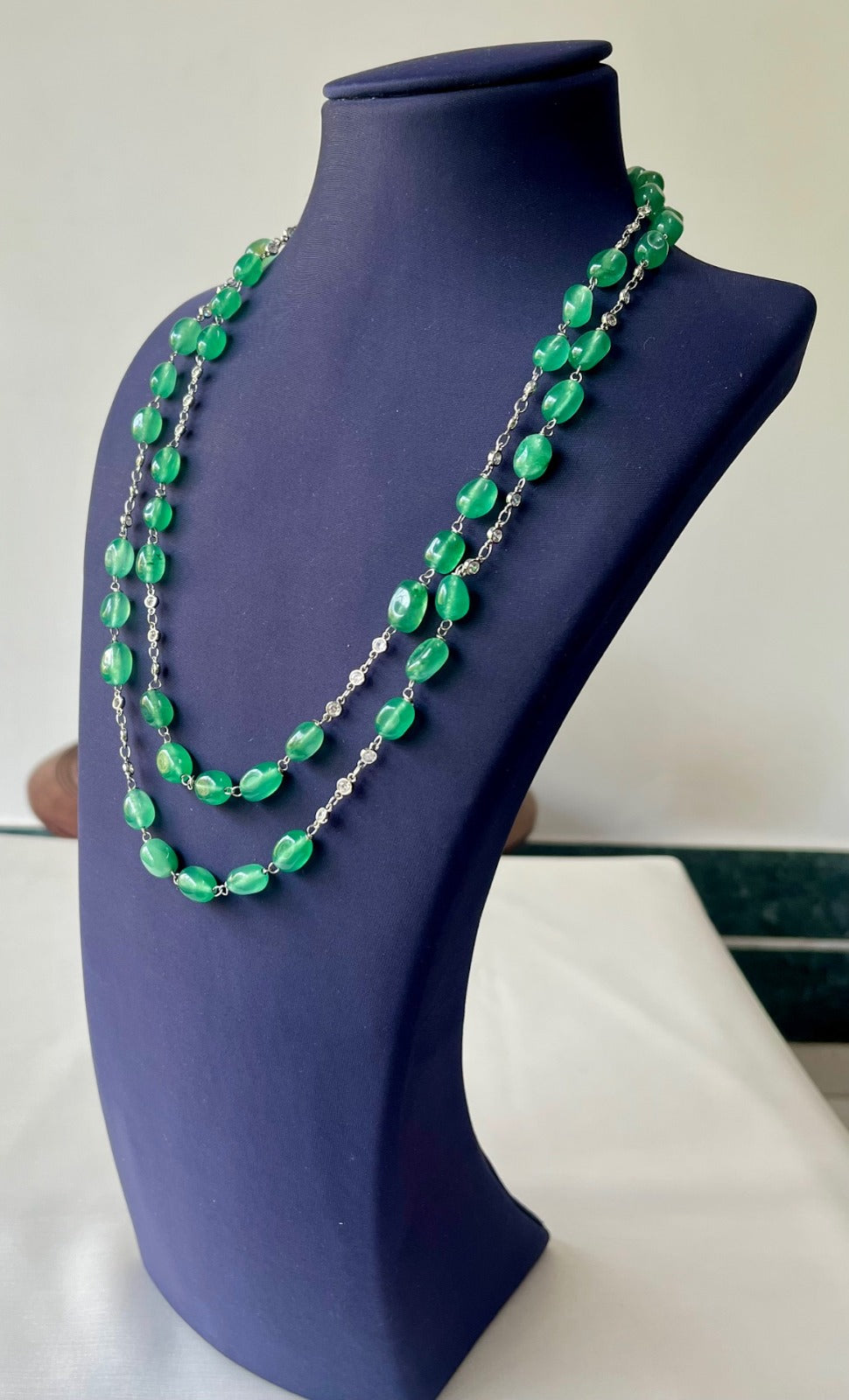 Jewel Treatzz Green Aventurine Rhodium Finished CZ Layered Necklace