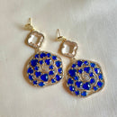 Jewel Treatzz Irregular Shaped Blue Doublet Stone, Transparent Four Petal Clover Flower And CZ Stone  Gold Plated Chandlelier Earrings