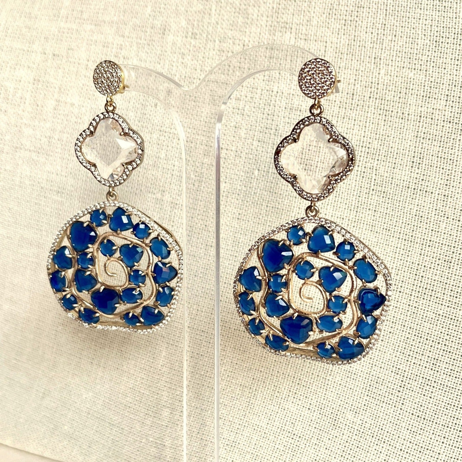 Jewel Treatzz Irregular Shaped Blue Doublet Stone, Transparent Four Petal Clover Flower And CZ Stone  Gold Plated Chandlelier Earrings