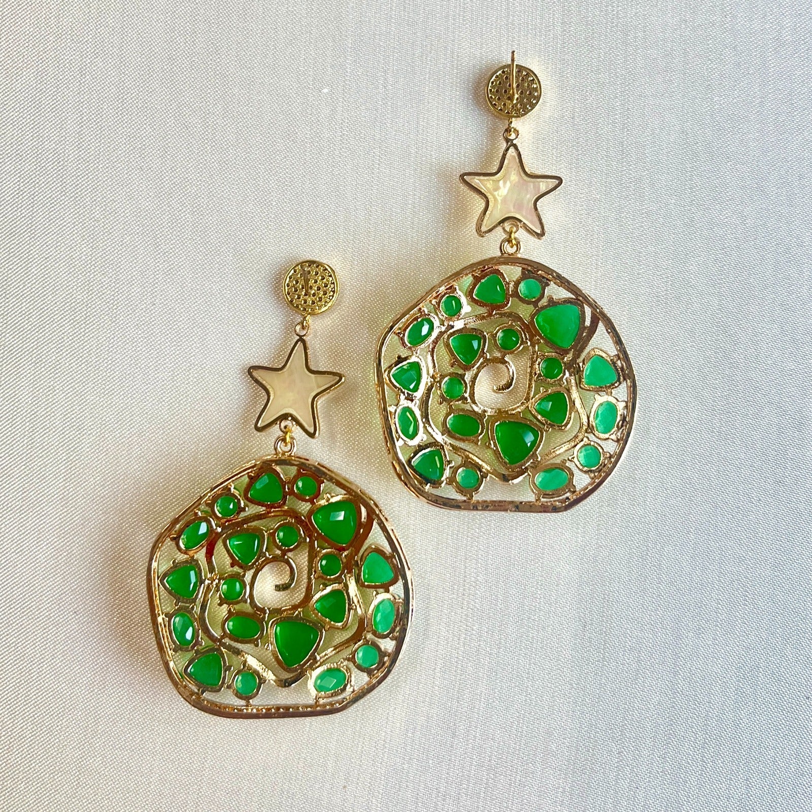 Jewel Treatzz Irregular Shaped Emerald Doublet Stone, Mother Of Pearl Star And CZ Stone Gold Plated Chandlelier Earrings