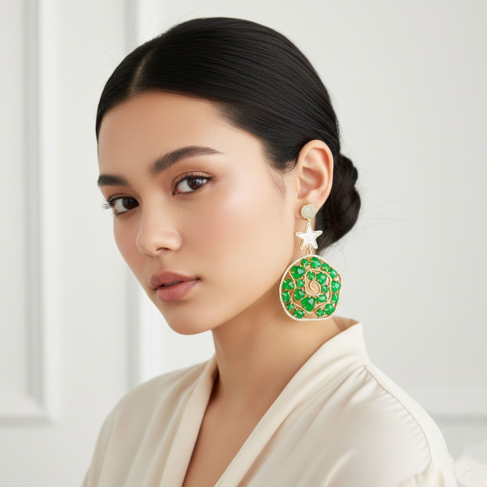 Jewel Treatzz Irregular Shaped Emerald Doublet Stone, Mother Of Pearl Star And CZ Stone Gold Plated Chandlelier Earrings