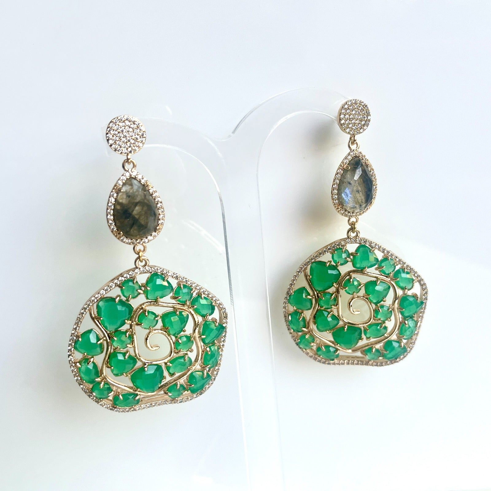 Jewel Treatzz Irregular Shaped Green Doublet Stone Pear, Shapes Labradorite And CZ Stone Gold Plated Chandelier Earrings