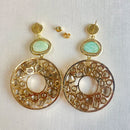 Jewel Treatzz Irregular Shaped Red Doublet Stone, Pear Shaped Labradorite And CZ Stone Gold Plated Chandelier Earrings