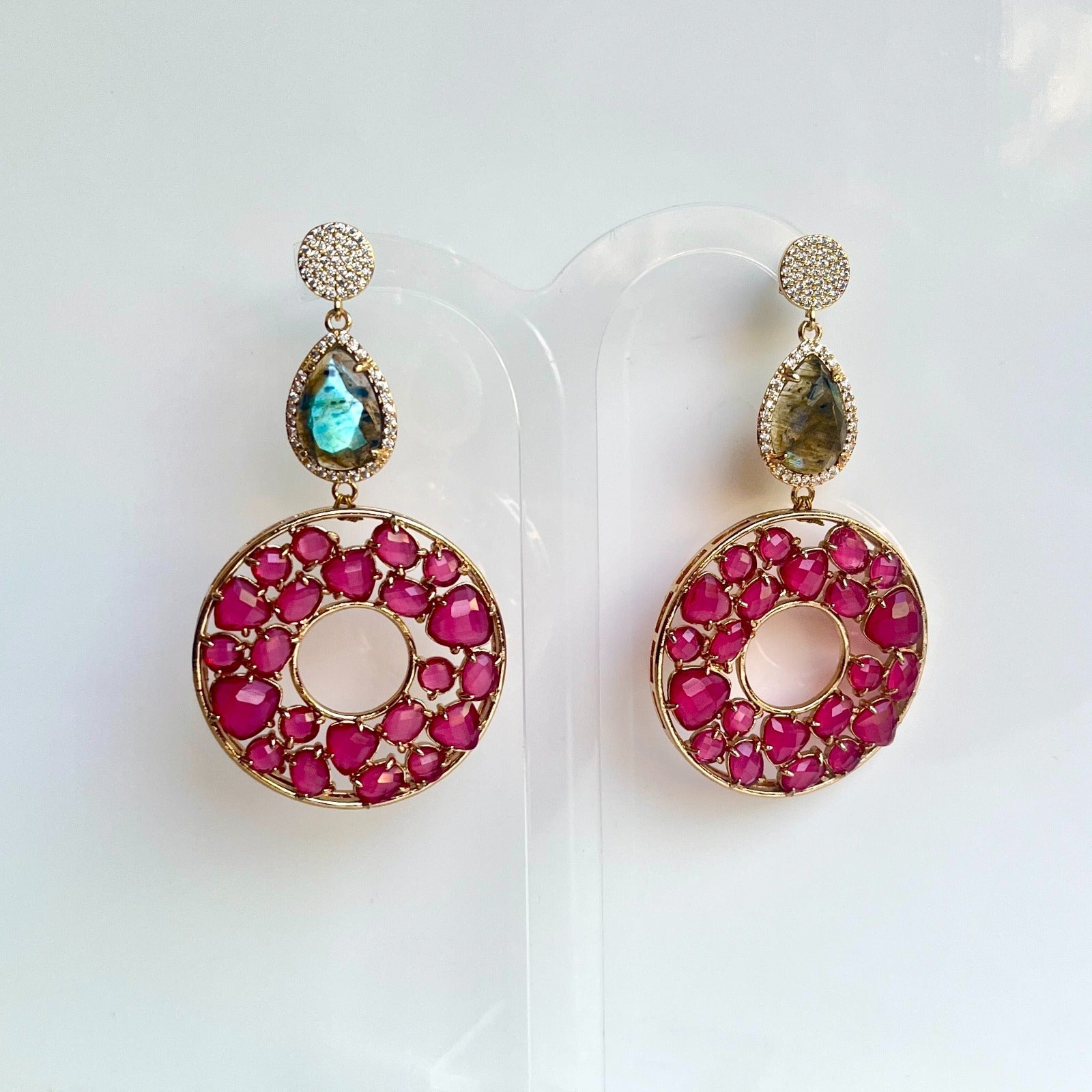 Jewel Treatzz Irregular Shapes Blue Doublet Stones, Rose Quartz Four Petal Clover Flower And CZ Stone Gold Plated Chandelier Earrigs