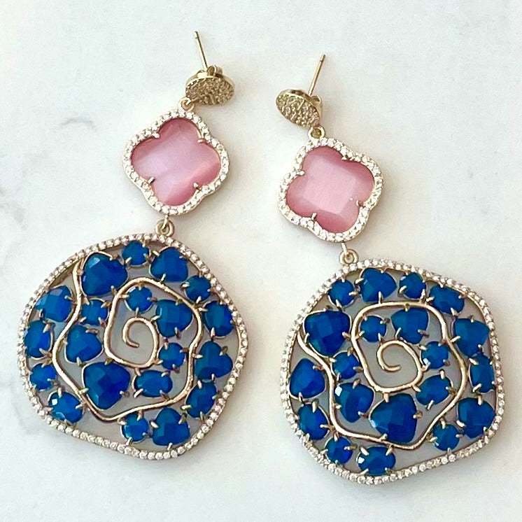 Jewel Treatzz Irregular Shapes Mokka Doublet Stone, Opaque AquaMarine Oval Natural Stone And CZ Stones Gold Plated Chandelier Earrings