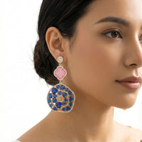 Jewel Treatzz Irregular Shapes Mokka Doublet Stone, Opaque AquaMarine Oval Natural Stone And CZ Stones Gold Plated Chandelier Earrings