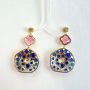 Jewel Treatzz Irregular Shapes Mokka Doublet Stone, Opaque AquaMarine Oval Natural Stone And CZ Stones Gold Plated Chandelier Earrings