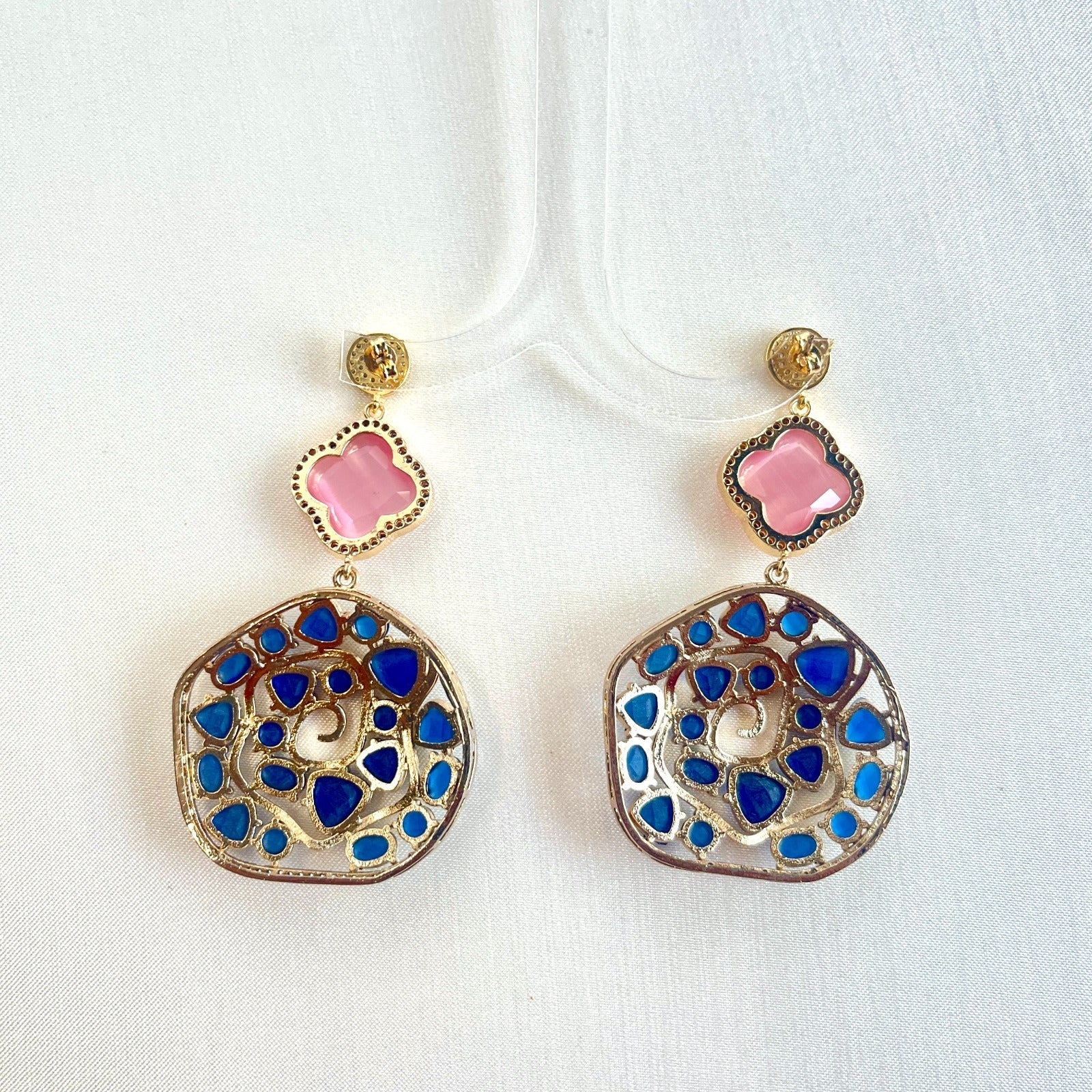 Jewel Treatzz Irregular Shapes Mokka Doublet Stone, Opaque AquaMarine Oval Natural Stone And CZ Stones Gold Plated Chandelier Earrings