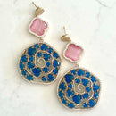 Jewel Treatzz Irregular Shapes Mokka Doublet Stone, Opaque AquaMarine Oval Natural Stone And CZ Stones Gold Plated Chandelier Earrings