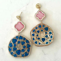 Jewel Treatzz Irregular Shapes Mokka Doublet Stone, Opaque AquaMarine Oval Natural Stone And CZ Stones Gold Plated Chandelier Earrings