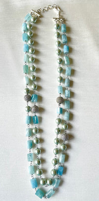 Jewel Treatzz Layered Necklace With Aqua Agates Sliver Pearls & Daimond Balls