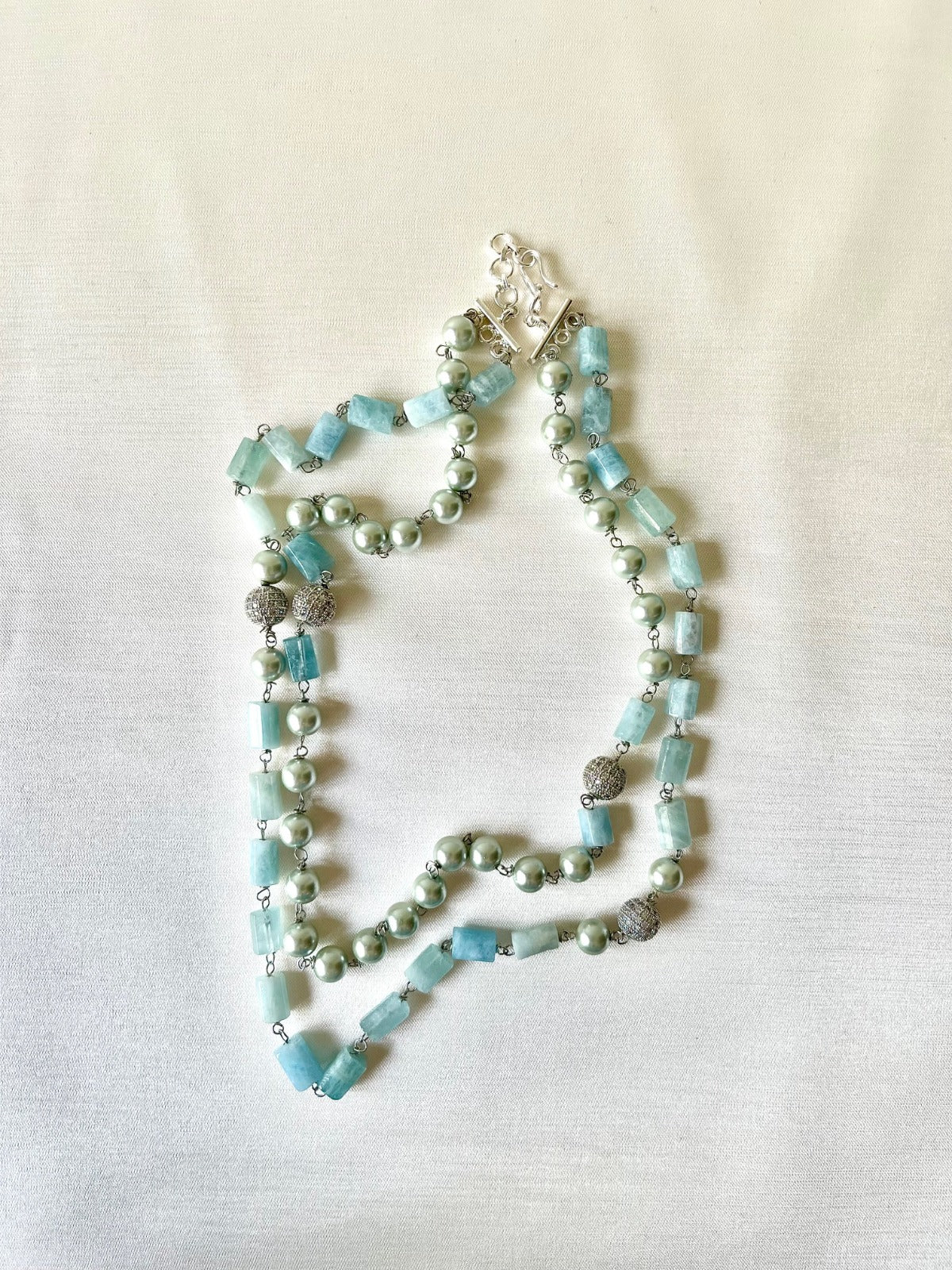 Jewel Treatzz Layered Necklace With Aqua Agates Sliver Pearls & Daimond Balls