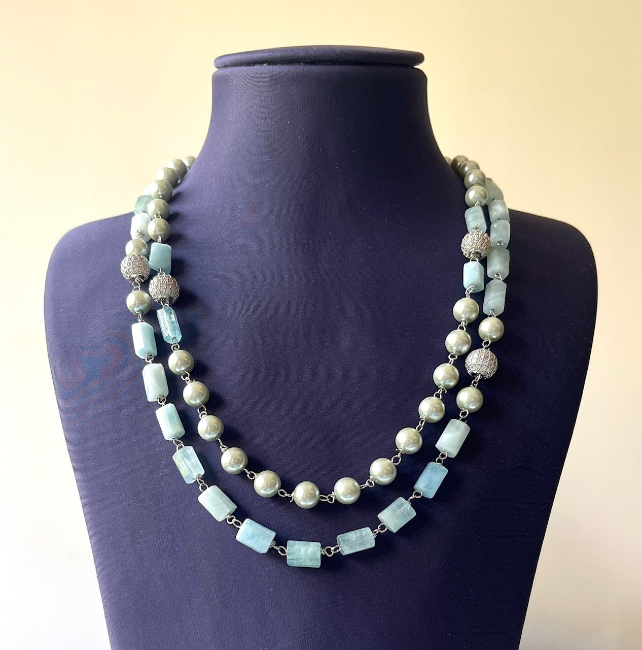 Jewel Treatzz Layered Necklace With Aqua Agates Sliver Pearls & Daimond Balls