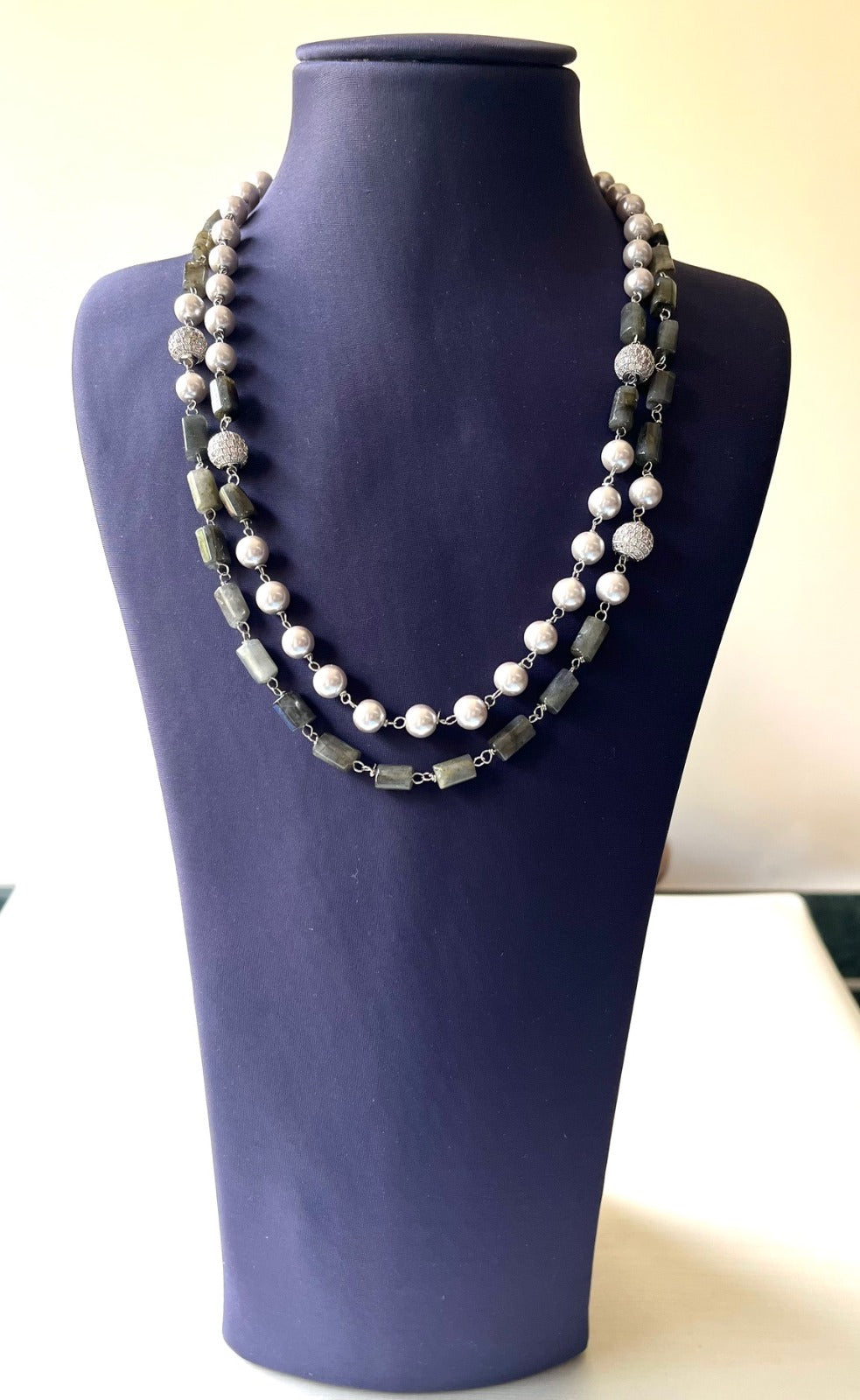 Jewel Treatzz Layered Necklace With Balck Agetes, Silver Pearls & Daimond Balls