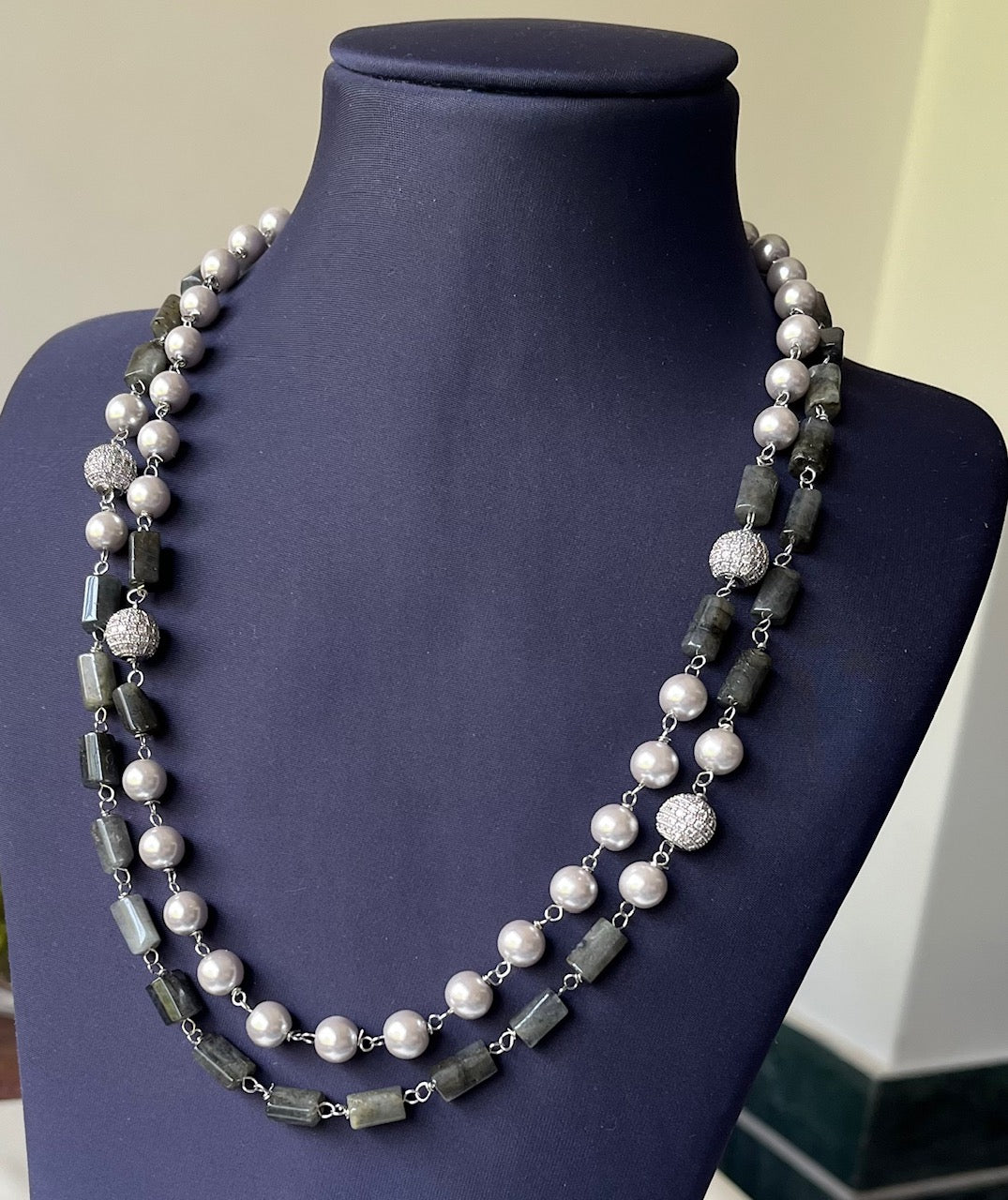 Jewel Treatzz Layered Necklace With Balck Agetes, Silver Pearls & Daimond Balls