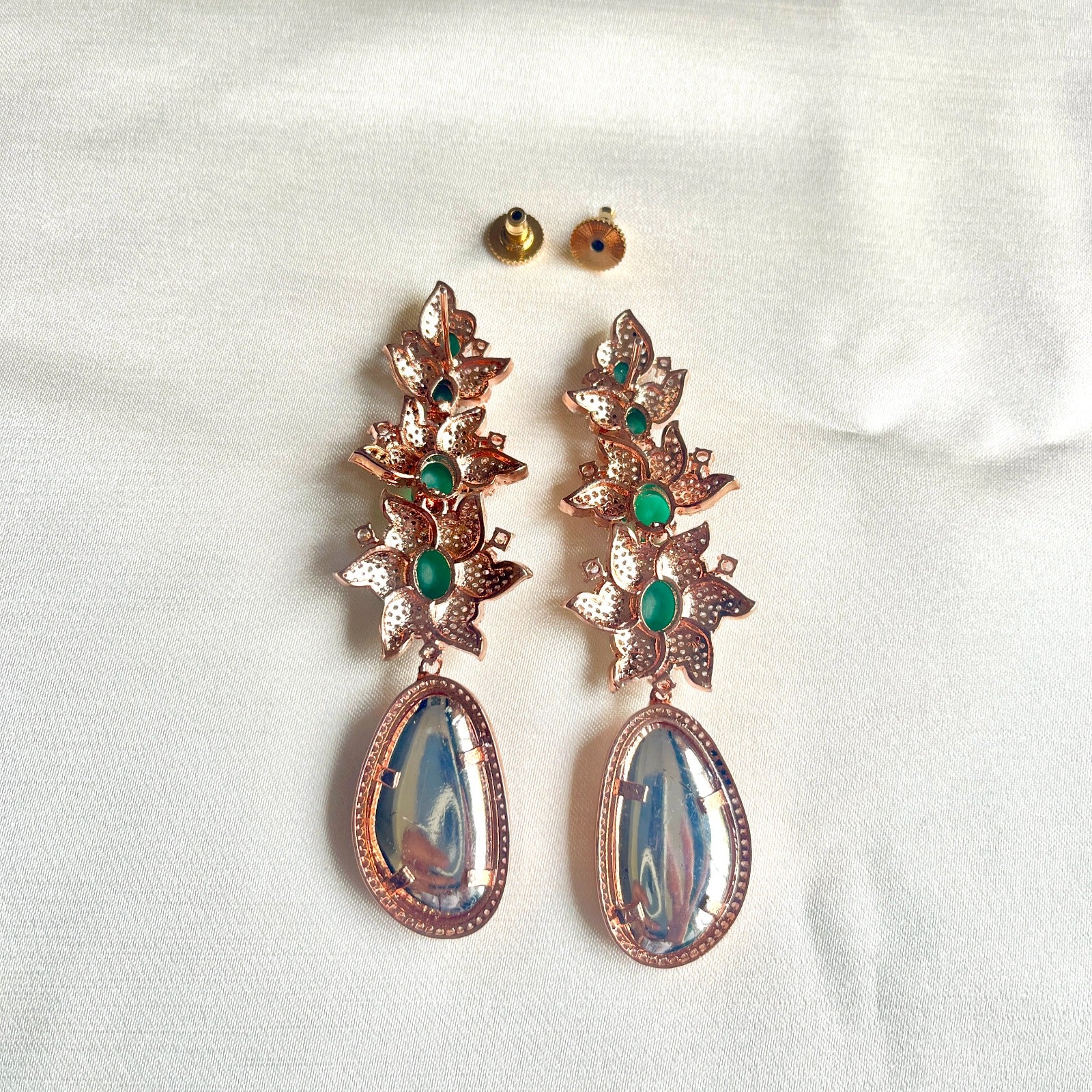 Jewel Treatzz Long Emerald Doublet Stones, CZ Stone & Uncut Polki Kundan Rose Gold Earrings