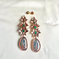 Jewel Treatzz Long Emerald Doublet Stones, CZ Stone & Uncut Polki Kundan Rose Gold Earrings
