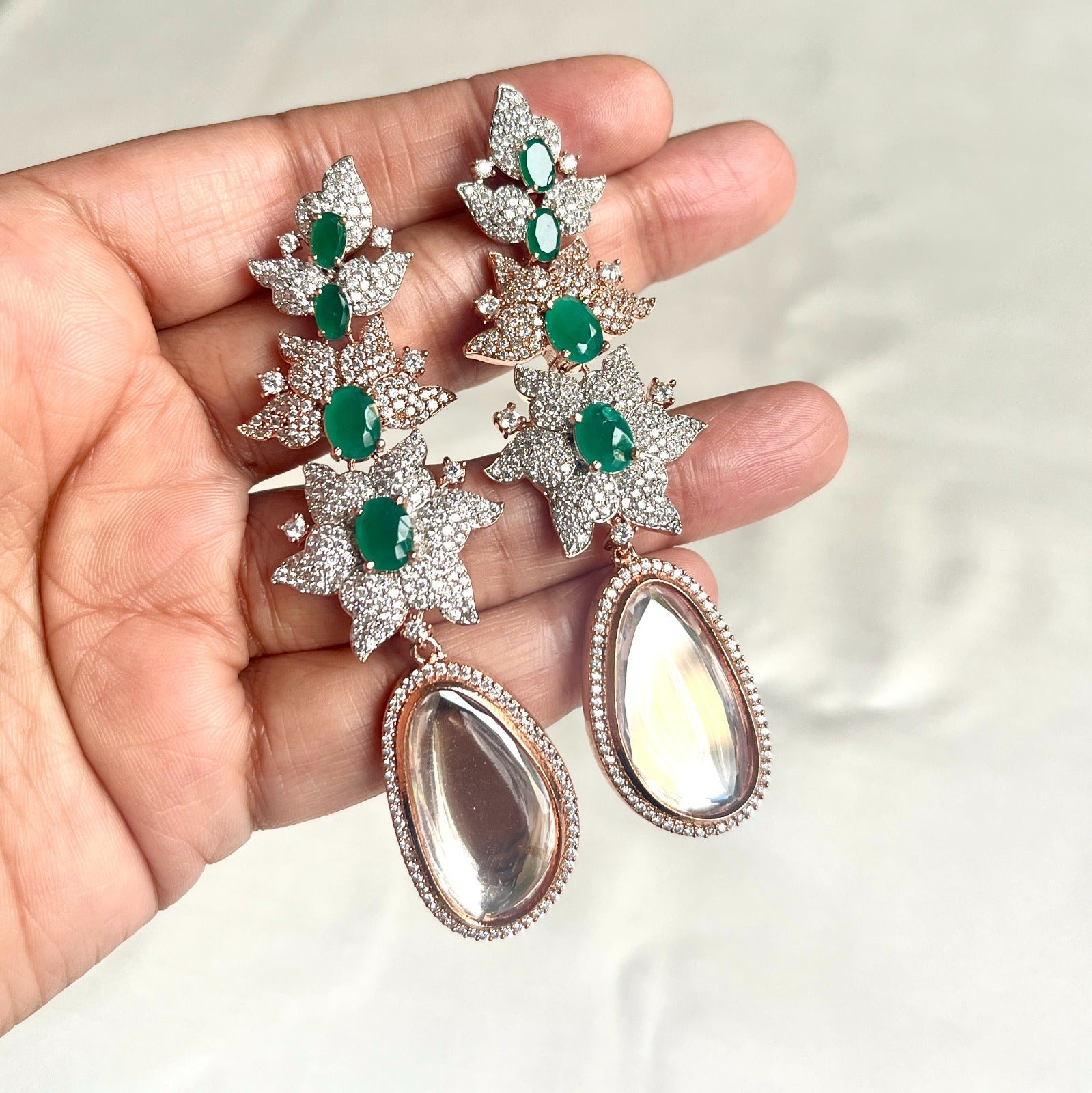 Jewel Treatzz Long Emerald Doublet Stones, CZ Stone & Uncut Polki Kundan Rose Gold Earrings