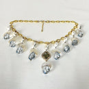 Jewel Treatzz Moon Shapes Mother Of Pearls Translucent Aqua Quartz With Clover Flower Chian Necklace