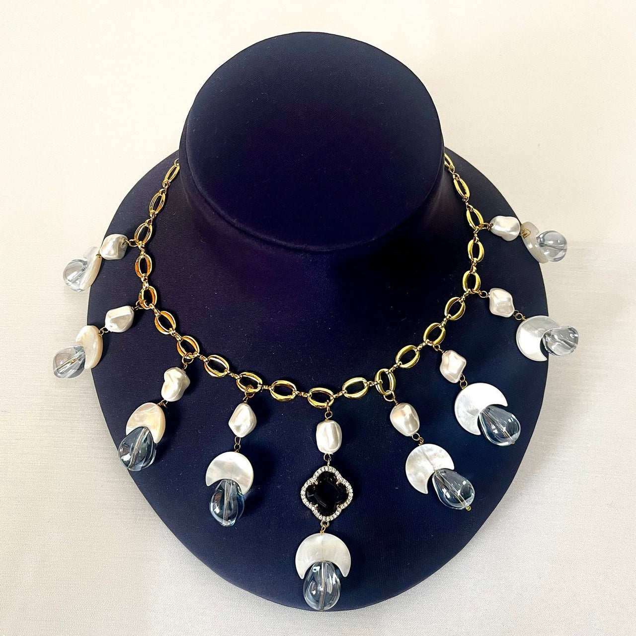 Jewel Treatzz Moon Shapes Mother Of Pearls Translucent Aqua Quartz With Clover Flower Chian Necklace