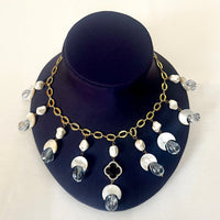 Jewel Treatzz Moon Shapes Mother Of Pearls Translucent Aqua Quartz With Clover Flower Chian Necklace