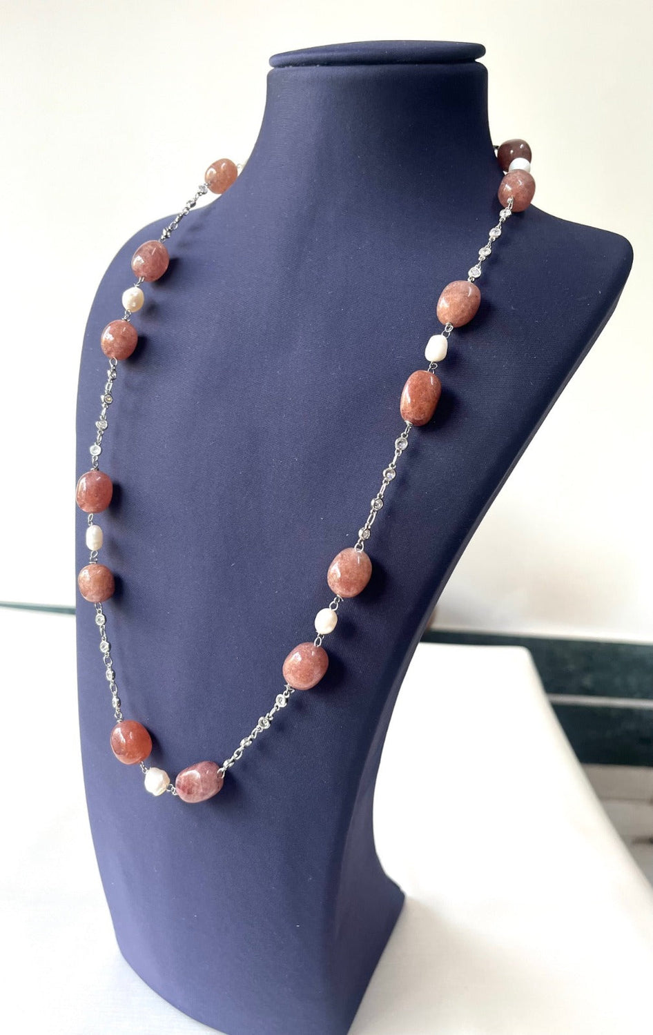 Jewel Treatzz natural Brown Aventurine Stone, Rhodium Finishes CZ Necklace