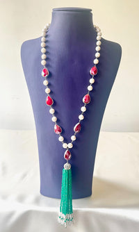 Jewel Treatzz Partywear Emerald Agate Tassels Necklace With Ruby Facetted Cabochons & Pearls  