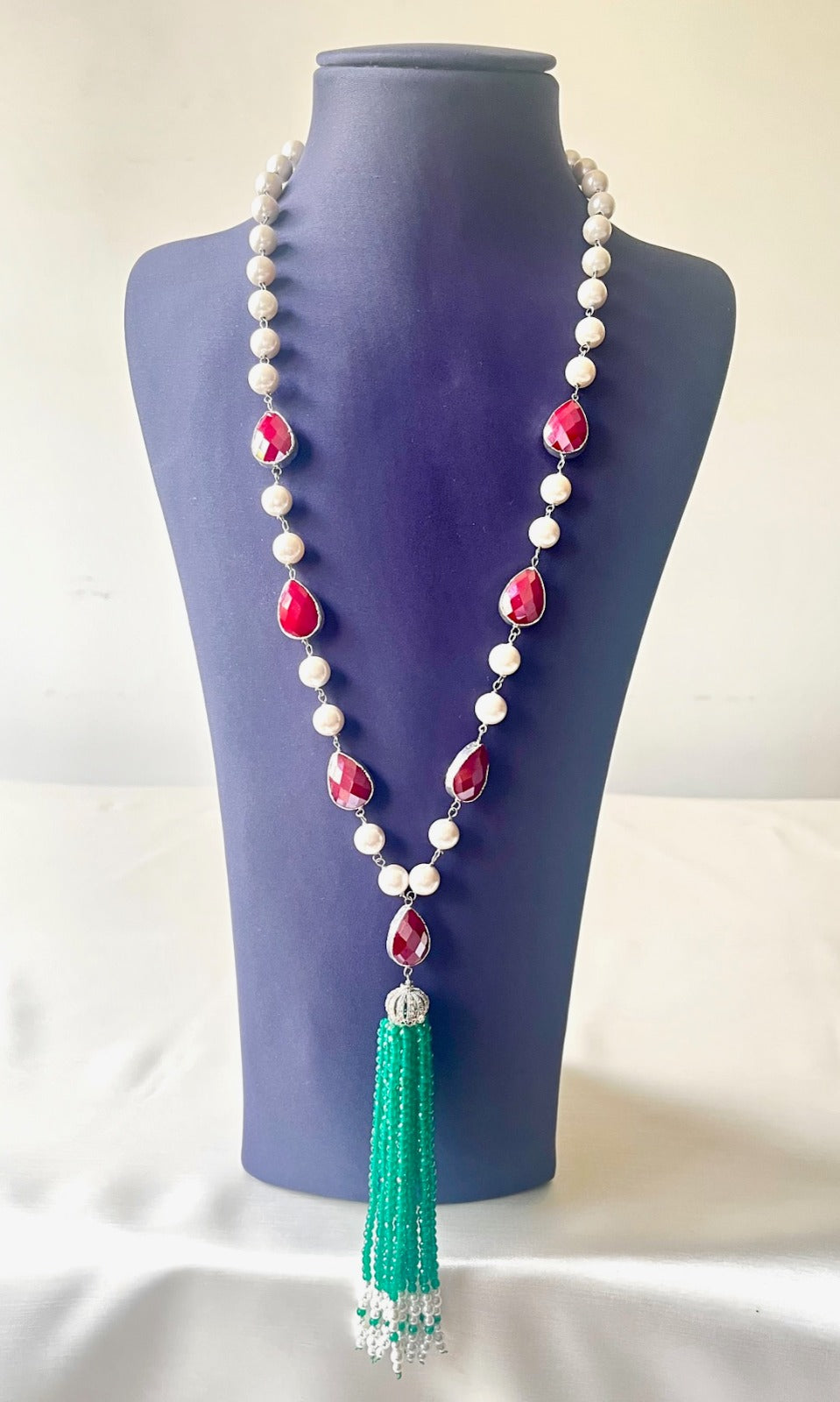 Jewel Treatzz Partywear Emerald Agate Tassels Necklace With Ruby Facetted Cabochons & Pearls