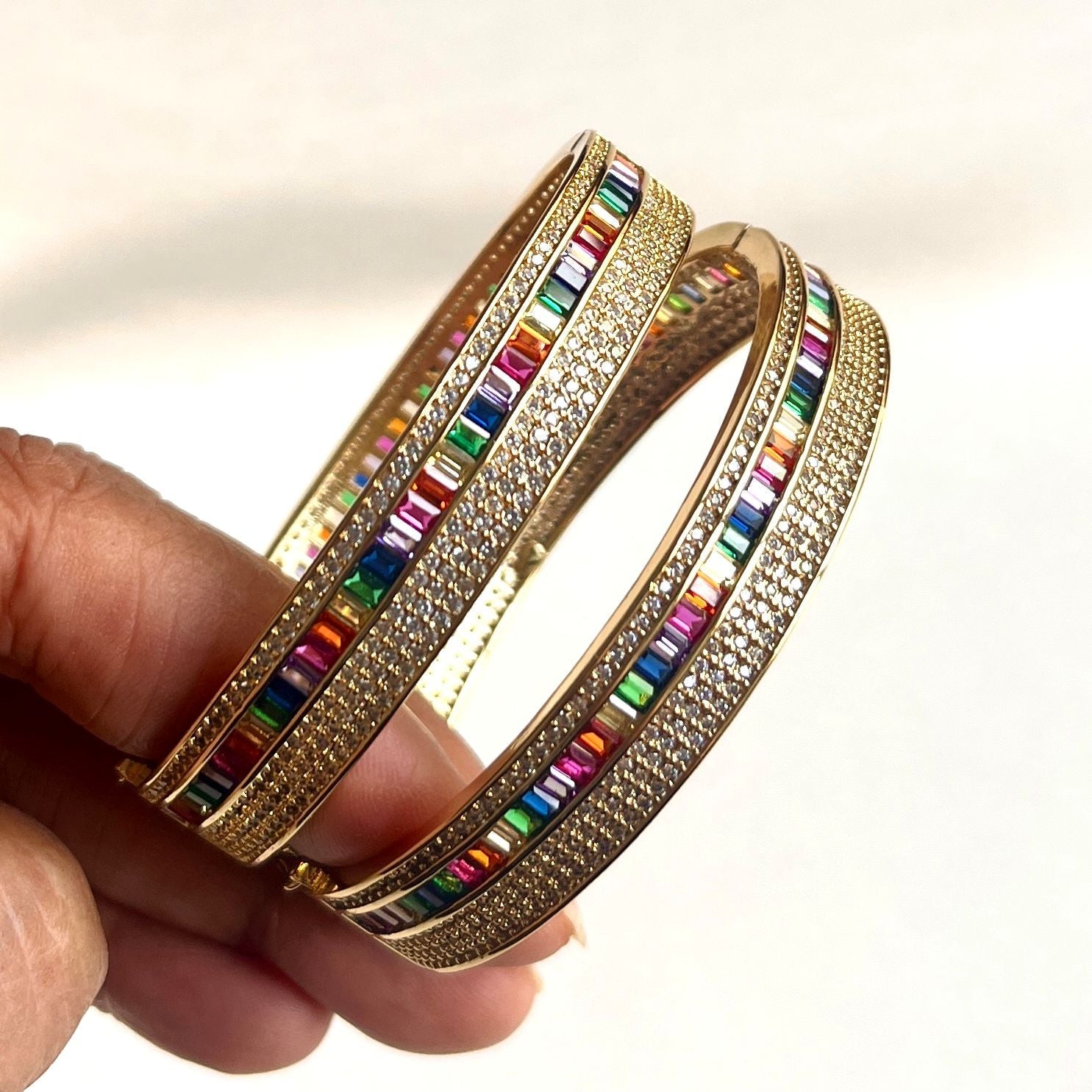 Jewel Treatzz Rainbow Color Stone With CZ's In Pave Setting & Gold Plated Openable Bracelet