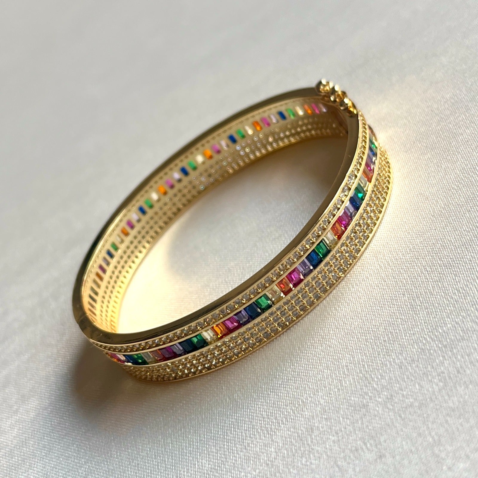 Jewel Treatzz Rainbow Color Stone With CZ's In Pave Setting & Gold Plated Openable Bracelet