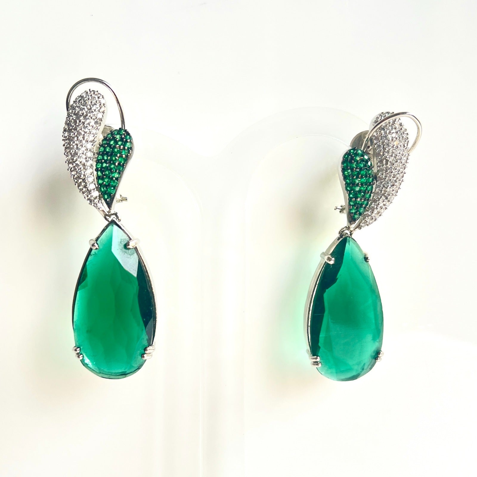 Jewel Treatzz Rhodium Plated, Pear Shaped Emerald Doublet Stone & Cubic Zirconia's Dangler Earrings