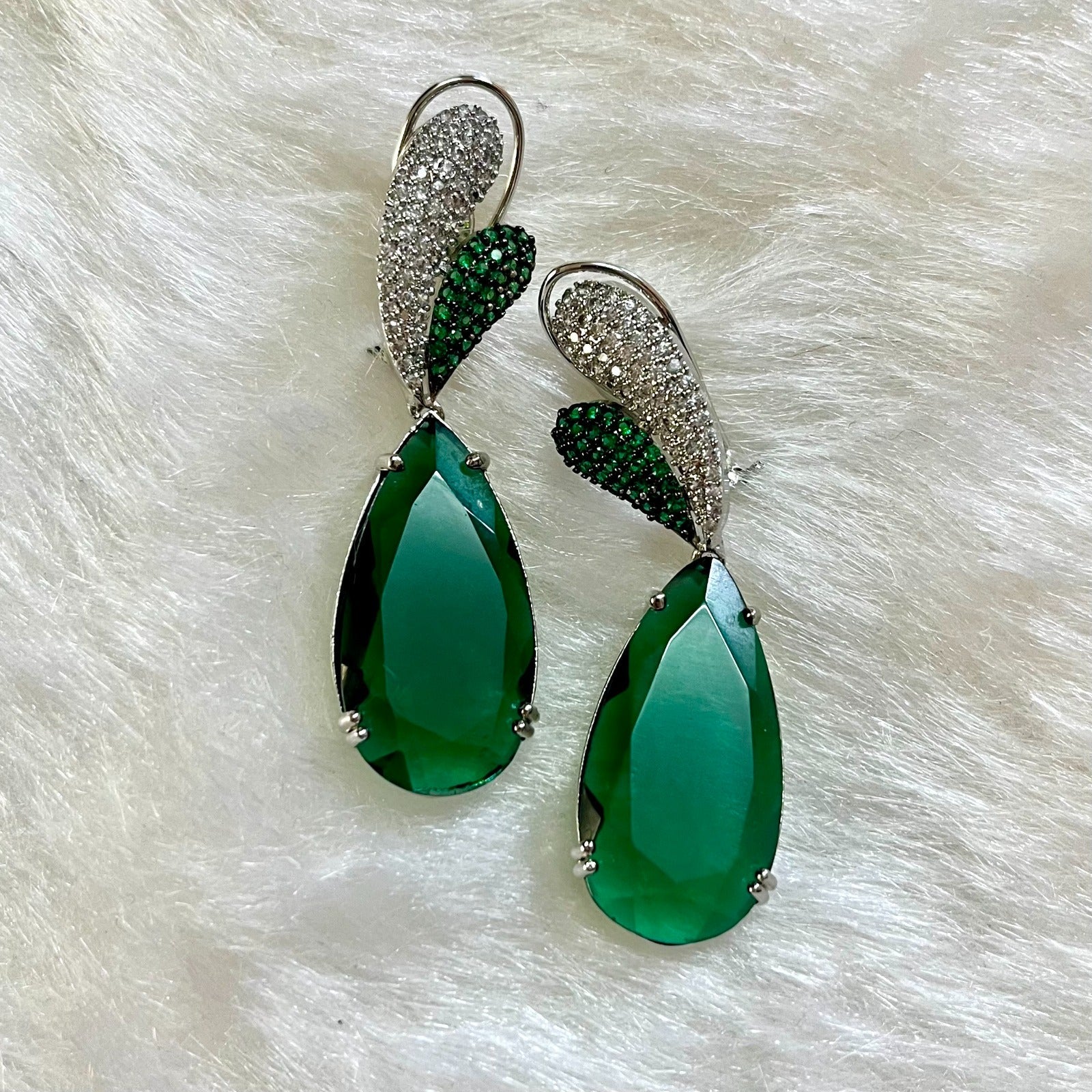 Jewel Treatzz Rhodium Plated, Pear Shaped Emerald Doublet Stone & Cubic Zirconia's Dangler Earrings