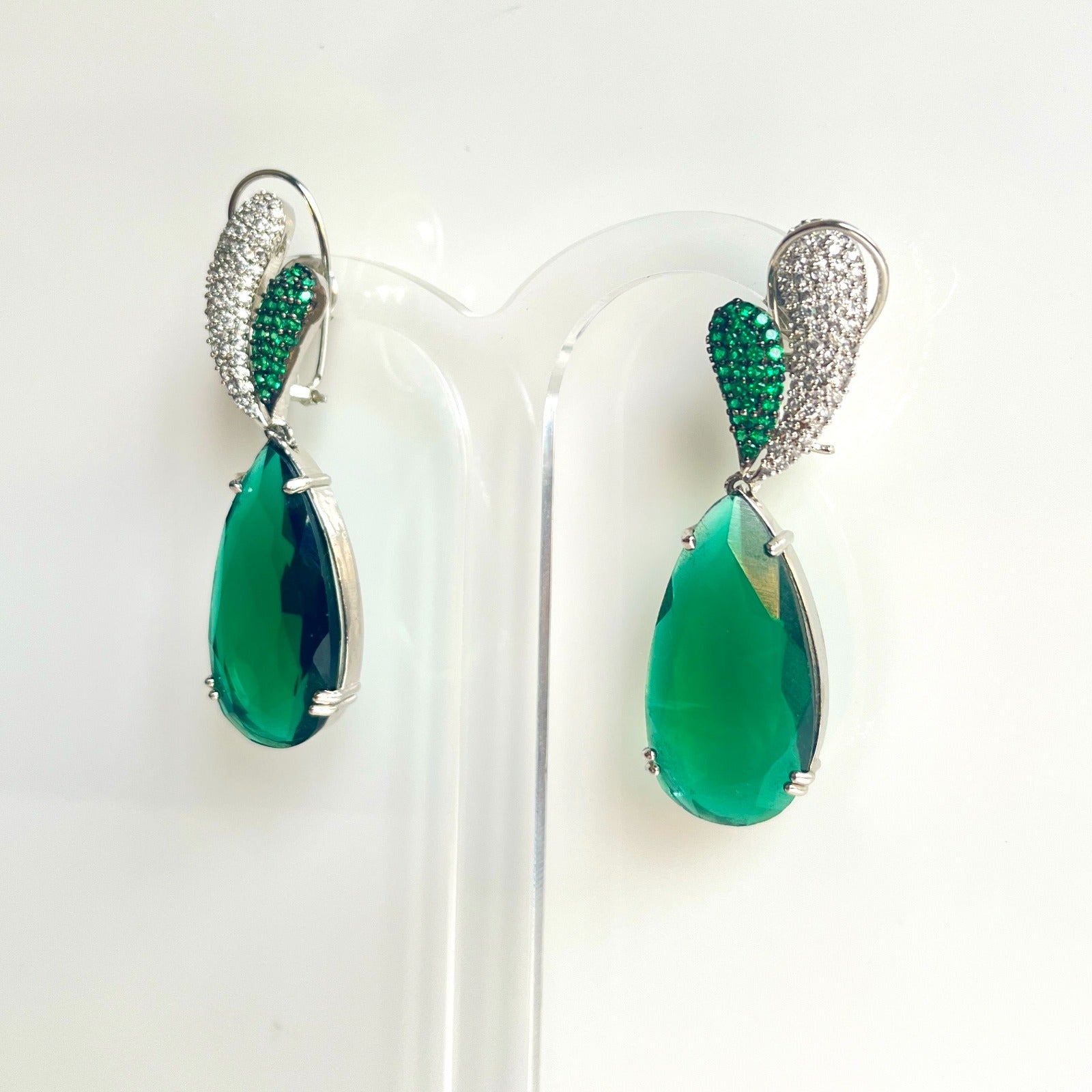 Jewel Treatzz Rhodium Plated, Pear Shaped Emerald Doublet Stone & Cubic Zirconia's Dangler Earrings