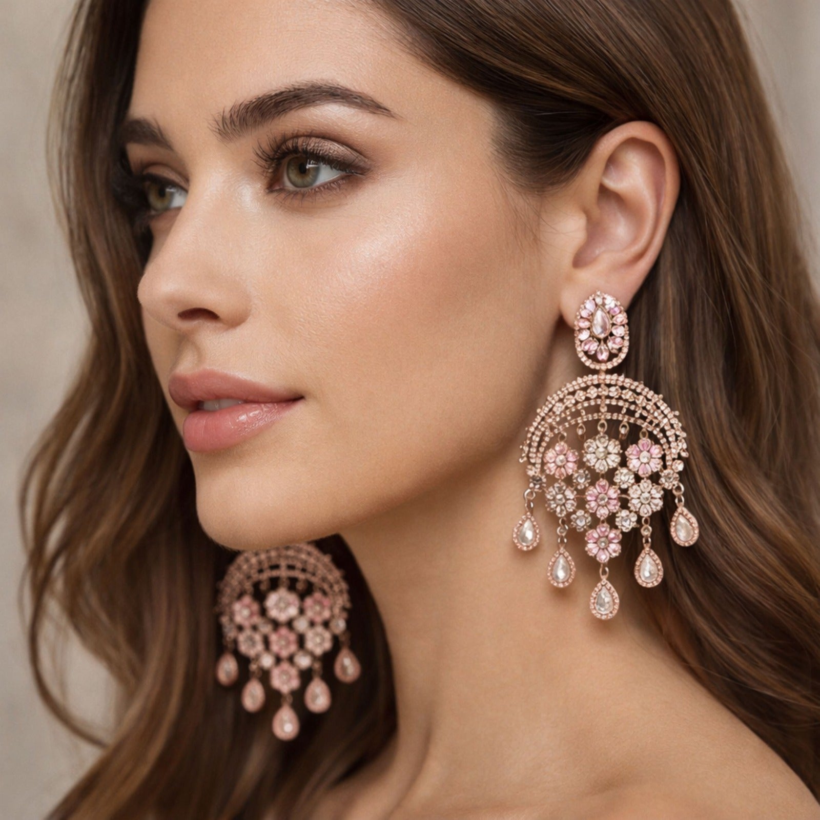 Jewel Treatzz Statement Chandelier Rose Gold Plated Earrings With Rose Quartz & CZ Stone