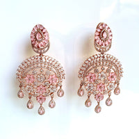 Jewel Treatzz Statement Chandelier Rose Gold Plated Earrings With Rose Quartz & CZ Stone