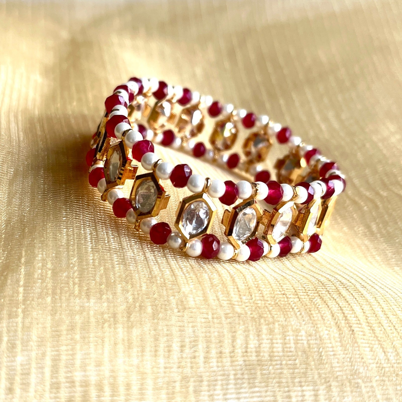 Jewel Treatzz Strecthable Ruby, Pearls G Uncut Polki Kundan Gold Plated Bracelet