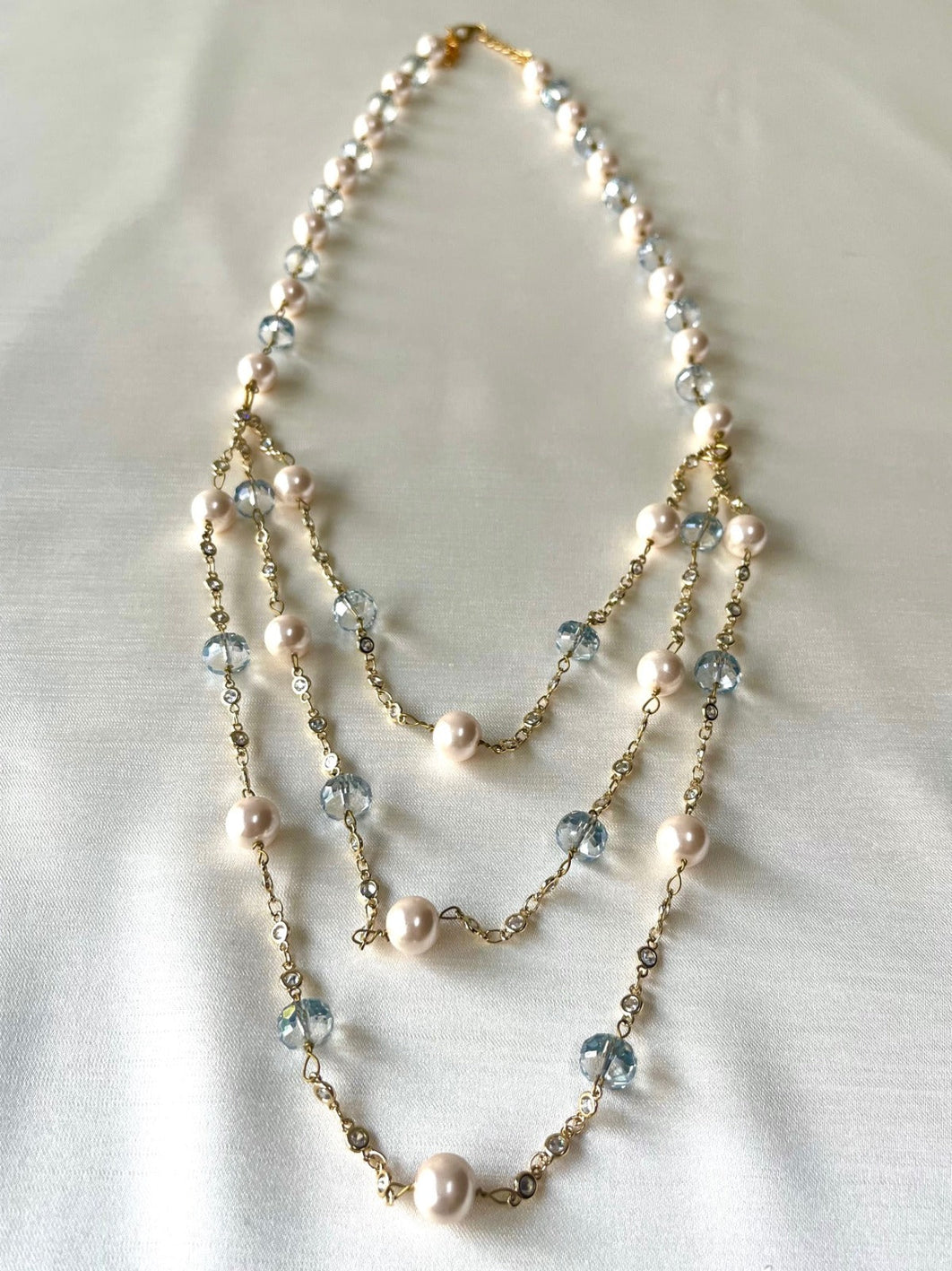 Jewel Treatzz Triple Layered Pearls, Aqua Beads Gold Plated Party Necklace