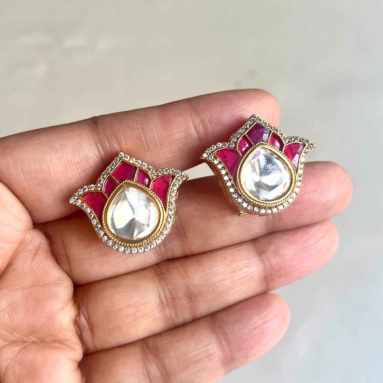 Jewel Treatzz Tulip Flower Stud Earrings Gold Plated With Dark Pink Enamel, Big Pear Shaped Uncut Polki Kundan Stone Bordered With CZ Stone