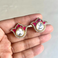 Jewel Treatzz Tulip Flower Stud Earrings Gold Plated With Dark Pink Enamel, Big Pear Shaped Uncut Polki Kundan Stone Bordered With CZ Stone   