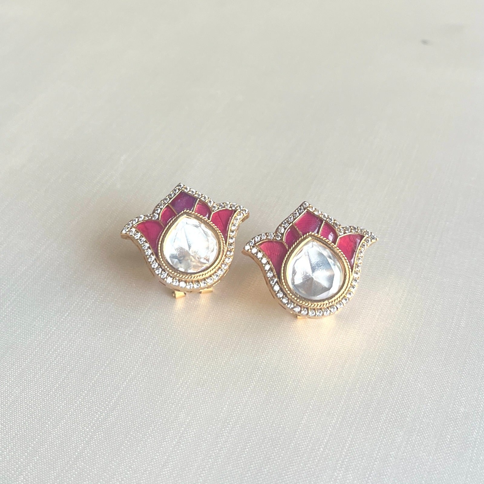 Jewel Treatzz Tulip Flower Stud Earrings Gold Plated With Dark Pink Enamel, Big Pear Shaped Uncut Polki Kundan Stone Bordered With CZ Stone