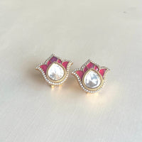 Jewel Treatzz Tulip Flower Stud Earrings Gold Plated With Dark Pink Enamel, Big Pear Shaped Uncut Polki Kundan Stone Bordered With CZ Stone