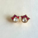Jewel Treatzz Tulip Flower Stud Earrings Gold Plated With Dark Pink Enamel, Big Pear Shaped Uncut Polki Kundan Stone Bordered With CZ Stone