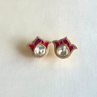 Jewel Treatzz Tulip Flower Stud Earrings Gold Plated With Dark Pink Enamel, Big Pear Shaped Uncut Polki Kundan Stone Bordered With CZ Stone